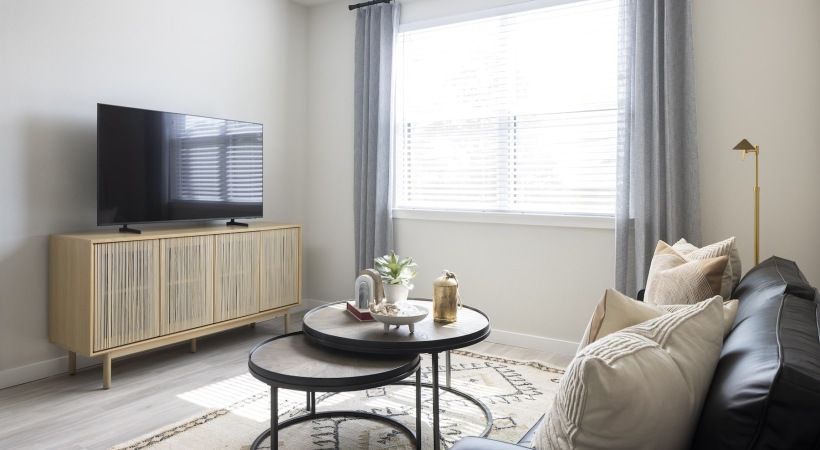 living room with a large window